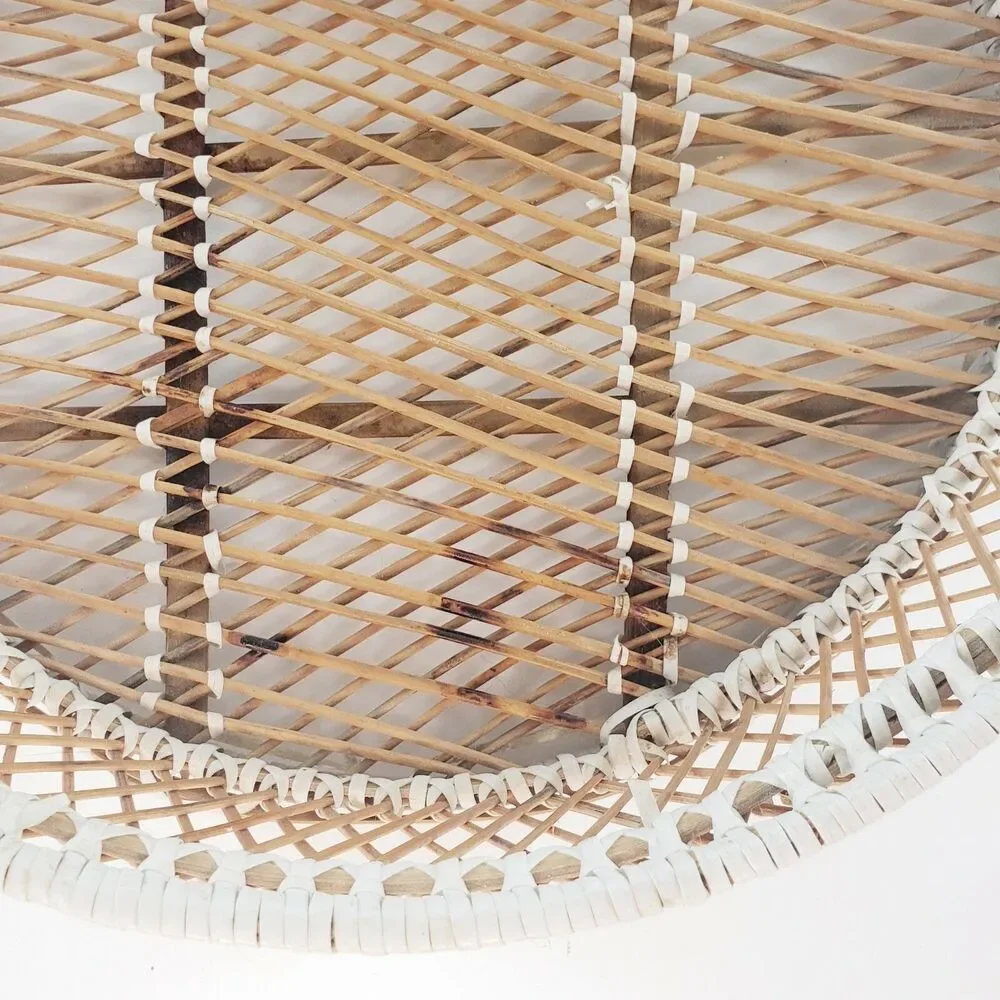 Round Basket w/ Handles White Accents Woven Rattan Wicker Rattan Wall Art